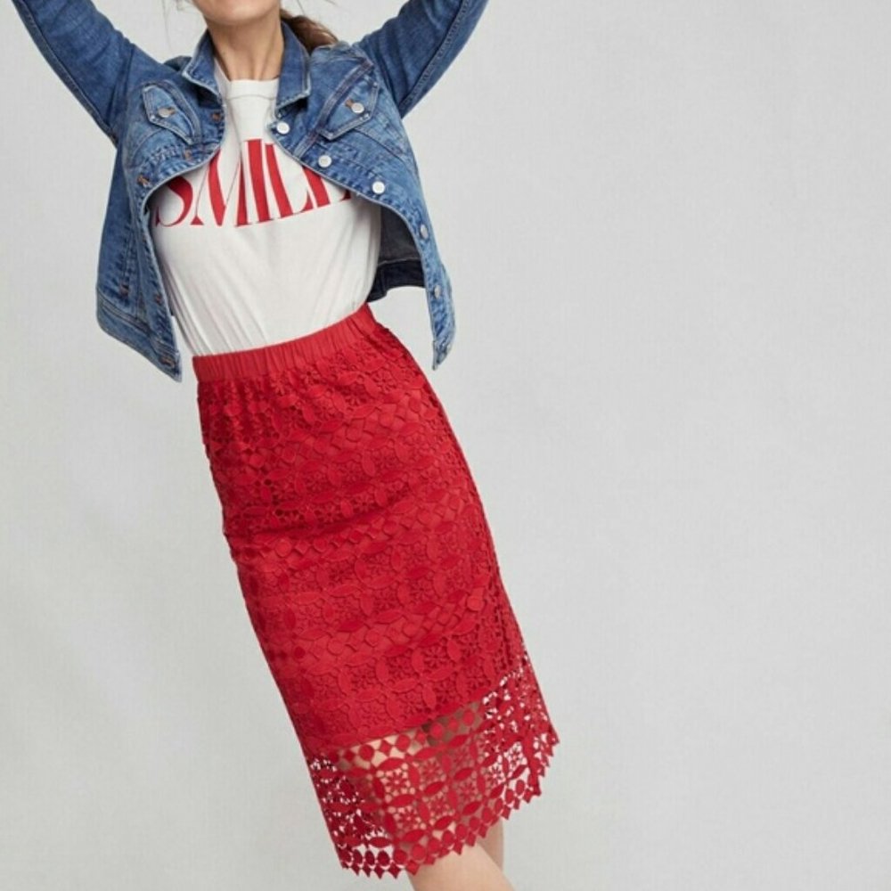 Anthropologie Red Guipure lace midi skirt XS Maya NWT